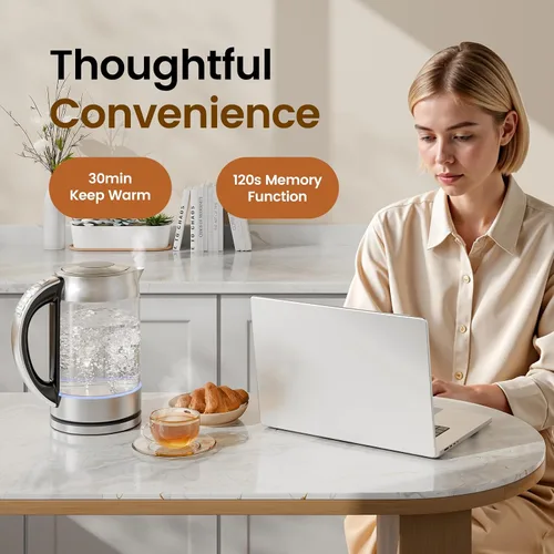 Vista 10 de TOPZEE Hervidor eléctrico de vidrio de 1.7L para café y té, caldera de agua caliente con 6 temperaturas preestablecidas, función de mantener