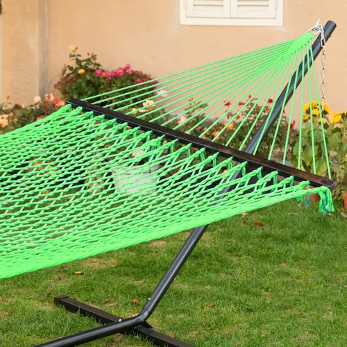 Vista 3 de PNAEUT Hamaca doble con soporte para exterior, hamacas de cuerda con barra separadora de madera dura para 2 personas, soporte resistente de 12 pies