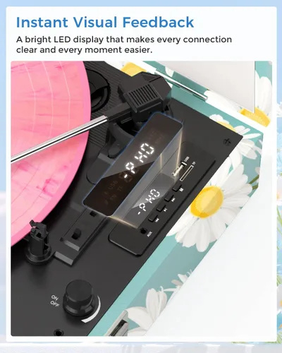 Vista 5 de Tocadiscos de vinilo Bluetooth con altavoces integrados, tocadiscos portátil vintage de 3 velocidades con auriculares de grabación USB/conector