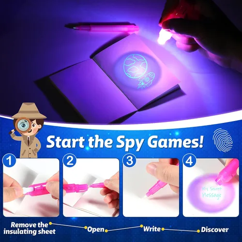 Vista 3 de Joycover 12 bolígrafos de tinta invisible con luz UV para niños, bolígrafos espía y cuaderno, recuerdos de fiesta de cumpleaños para niños de 4 a 8