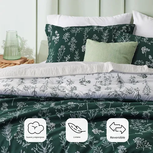 Vista 3 de Bedsure - Juego de edredón floral lindo, juego de ropa de cama tamaño Queen 03 - Verde oscuro