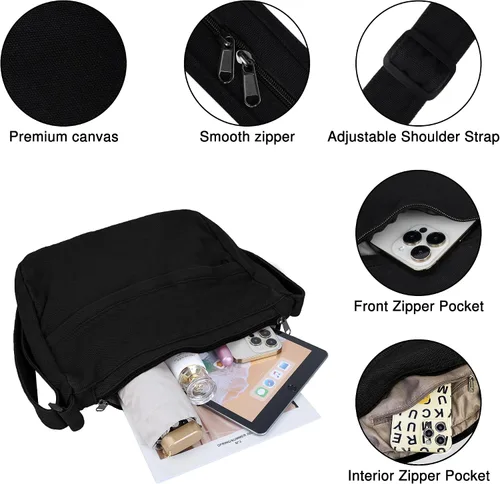 Vista 3 de Bolso bandolera de lona grande con cremallera, bolso bandolera casual para mujeres y hombres