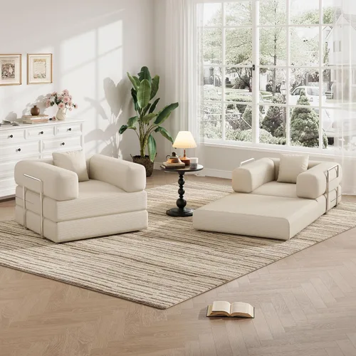 Vista 9 de Sofá individual para espacios pequeños, sofá convertible 2 en 1, cómodo puf para adultos con funda extraíble con almohadas para dormitorio, Beige