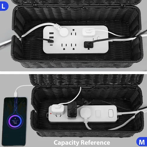 Vista 3 de Caja grande de organización de cables, organizador de cables de ratán de imitación tejida a mano, caja de gestión de cables de escritorio