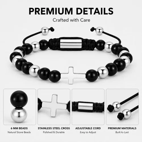 Vista 4 de JAYUMO Pulsera de cuentas ajustable con cuentas de ojo de tigre de piedra natural para hombre y mujer Cruz de ónix negro