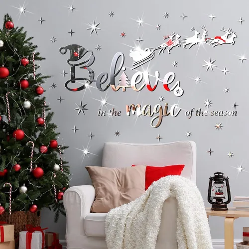 Vista 9 de Calcomanías Acrílicas de Pared de Navidad Pegatinas de Cita Believe Pegatinas de Espejo 3D DIY Pegatinas de Navidad Cristo Decoración de Pared
