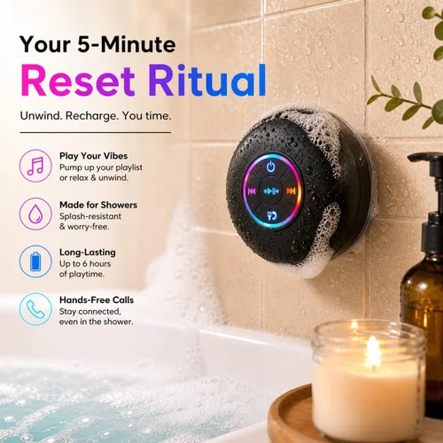 Vista 8 de Altavoz de ducha Bluetooth con LED – Altavoz mini inalámbrico portátil con micrófono y ventosa, resistente al agua IPX4 para ducha, viaje, piscina
