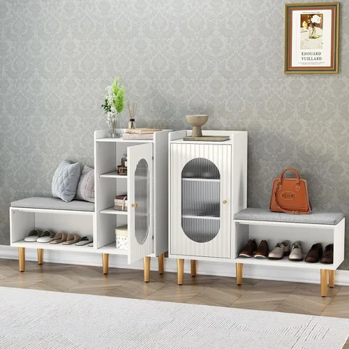 Vista 12 de HLR Banco de almacenamiento con puerta y estante de cristal, moderno banco de zapatos de entrada con asiento acolchado, armario de almacenamiento