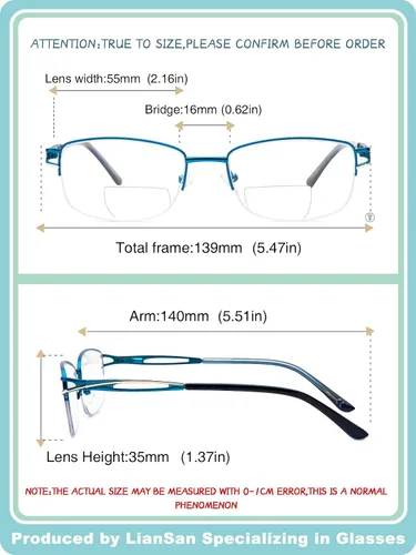 Vista 4 de LianSan Metal Bifocal Reading Glasses for Women,Stylish Half Rim Zero Top Blue Light Blocking Computer Reader