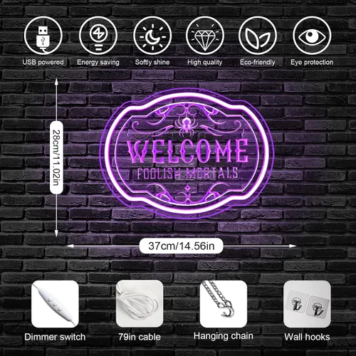 Vista 6 de Horseneon Letrero de neón de Navidad con texto en inglés "Welcome Foolish Mortals", mansión embrujada, decoración de pared LED para puerta, Mab