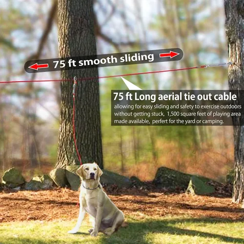 Vista 6 de Sistema de carretilla aérea resistente para perros pequeños a grandes, cable de funcionamiento de 100 pies/75 pies con cable de pasillo de 10 pies