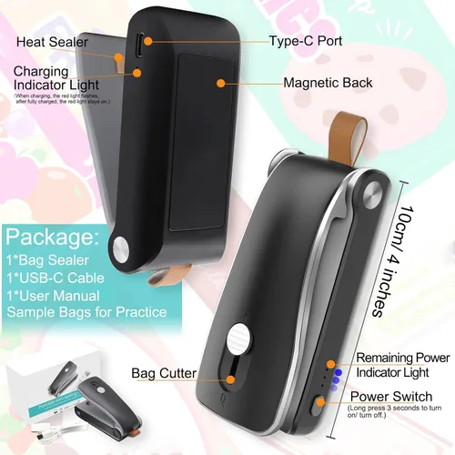 Vista 6 de Mini sellador de bolsas 2 en 1, sellador térmico recargable de bolsas de Negro