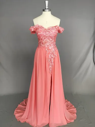 Vista 4 de Womens Off The Shoulder Prom Dresses Side Slit Lace Applique Long Chiffon Formal Evening Party Gowns