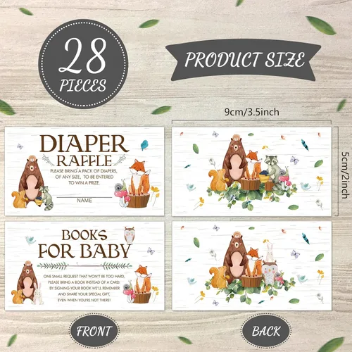 Vista 3 de Containlol Juegos de 28 invitaciones para baby shower de animales del bosque, boletos para rifas de pañales, tarjetas de solicitud de libro de baby