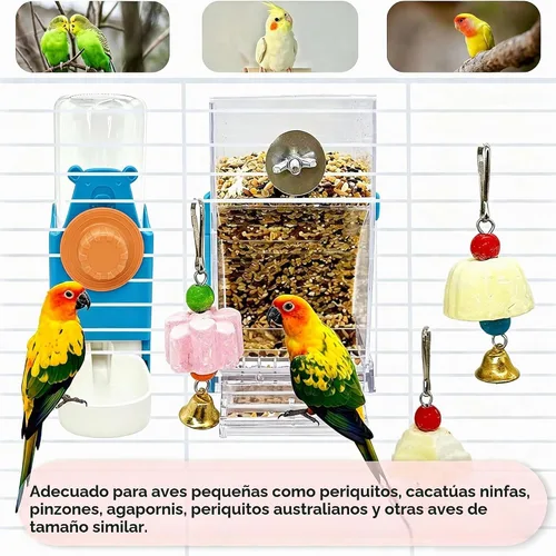 Vista 8 de Juego de alimentador de jaula para pájaros sin desorden y dispensador Azul+Transparente