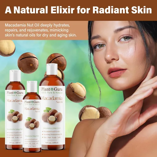 Vista 4 de Plant Guru Aceite de nuez de macadamia, 16 onzas líquidas, prensado en frío, 100% puro, natural, hidratante para piel, cara, cuerpo y cabello. Ideal