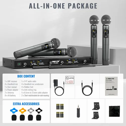 Vista 7 de Phenyx Pro Sistema de micrófono inalámbrico, juego de micrófono inalámbrico de metal con 4 micrófonos inalámbricos, frecuencias ajustables UHF de 4