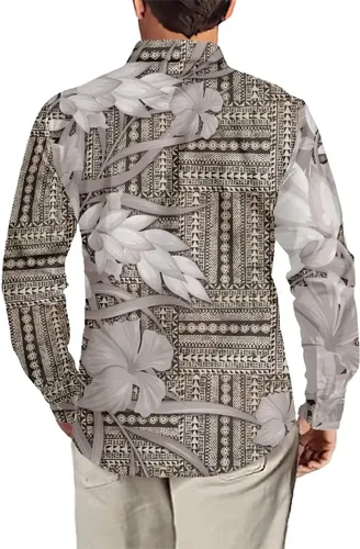 Vista 2 de Camisa de guayabera polinesia para hombre, patrón de Samoa Americana, vintage, cuello en V, manga larga, hawaiana, camisas de vestir para hombres