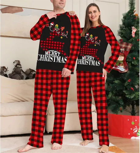 Vista 2 de CHUOAND Pijamas de Navidad para la familia, pijamas de Navidad a juego de manga larga para la familia, ropa de dormir de Navidad de manga larga