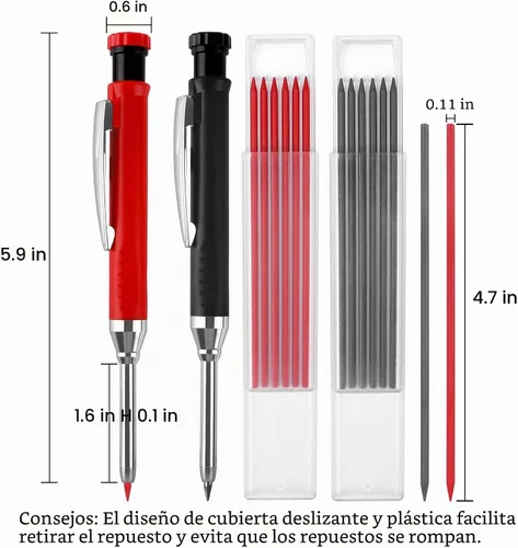 Vista 2 de Paquete de 2 lápices mecánicos de carpintero con 12 repuestos, lápices de construcción mejorados con sacapuntas integrado, herramientas de marcado