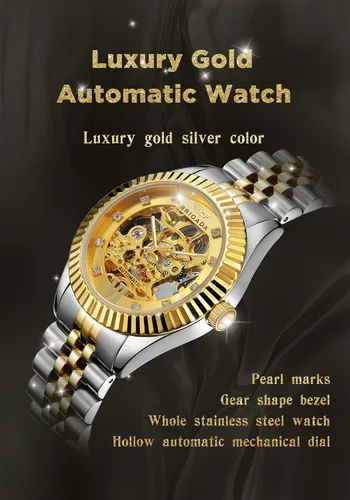 Vista 3 de BRIGADA Relojes para hombre, marca suiza, bonito y clásico, de lujo, dorado, mecánico, automático, para hombre, Oro