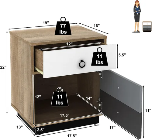 Vista 3 de Giantex Mesita de noche, mesa auxiliar con cajón y armario de almacenamiento, mesita de noche con gran capacidad, mesa auxiliar con asas anulares