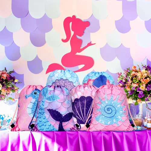 Vista 7 de 16 bolsas de regalo de fiesta de sirena, bolsas de regalo con cordón para fiesta de sirena, bolsas de regalo bajo el mar del océano, bolsas