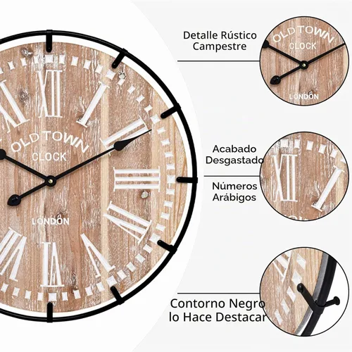 Vista 4 de Reloj de pared grande de granja, reloj de pared de madera rústica de 24 pulgadas decorativo con círculo de metal y números grabados, funciona