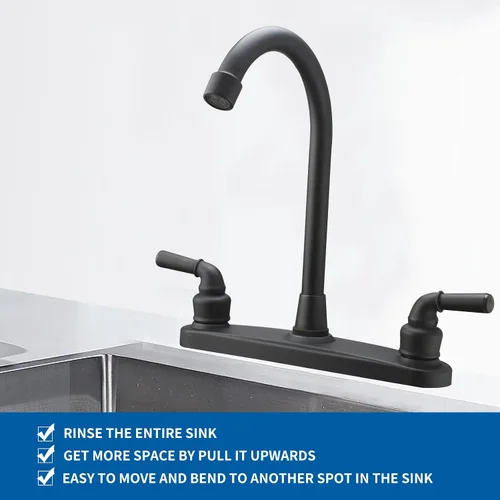 Vista 2 de Grifo de cocina no metálico para autocaravana, bronce aceitado, dos mangos, cuerpo principal de 8 pulgadas, arco alto giratorio 360, reemplazo