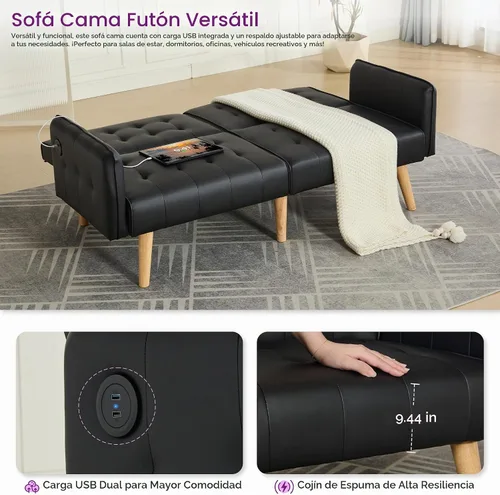 Vista 7 de TYBOATLE Sofá Cama Futón Plegable Convertible de Cuero Sintético de 65'' con 2 USB, Sofá de Dos Plazas para Espacios Pequeños, Apartamento