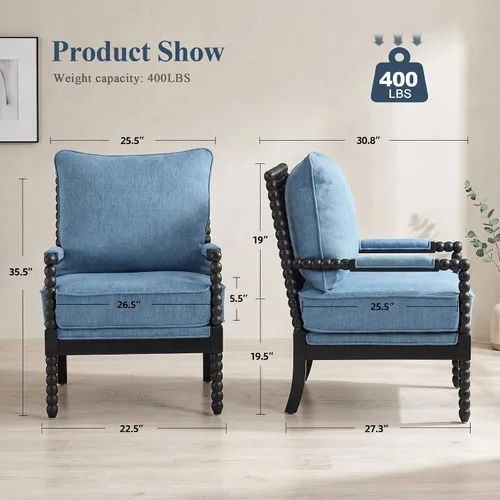 Vista 2 de DUHOME Silla decorativa de tela de lino con marco de madera, sillas de carrete de acento modernas con asiento de resorte acolchado y base azul