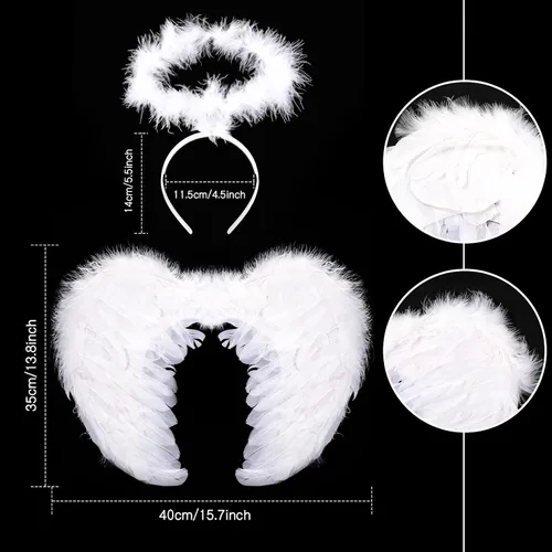 Vista 3 de Juego de 3 disfraces de ángel para niños y niñas, vestido de hada, alas de plumas de ángel y halo para fiesta de cumpleaños de Halloween, Blanco