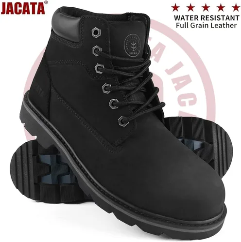 Vista 5 de Jacata Botas de trabajo con punta de acero para hombres, zapatos de seguridad de cuero resistente al agua, botas de construcción industrial de goma