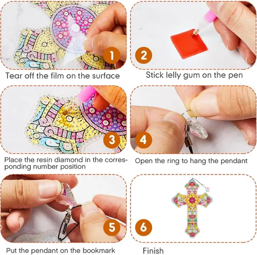 Vista 5 de Ireer 6 marcapáginas de arte de diamantes 5D cruzados para adultos, kit de pintura de bricolaje, regalos de Navidad, cristianos religiosos, llavero