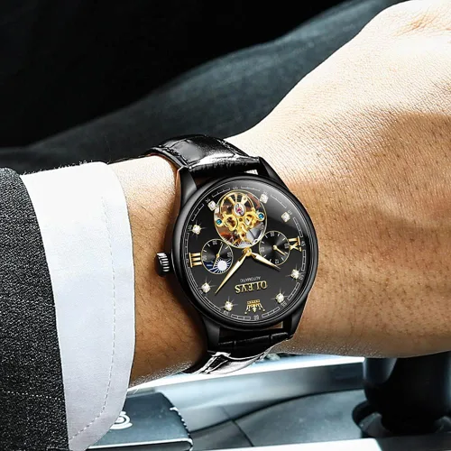 Vista 5 de OLEVS Reloj Tourbillon automático de viento automático mecánico clásico impermeable luminoso correa de cuero