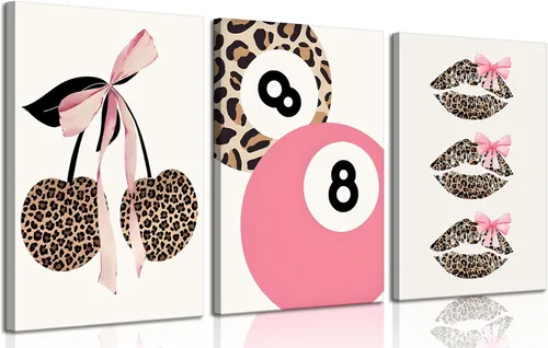 Vista 8 de Conjunto de 3 modernos pósteres de pared de leopardo en lona con bola de la suerte número 8, arte de pared elegante, decoraciones de pared