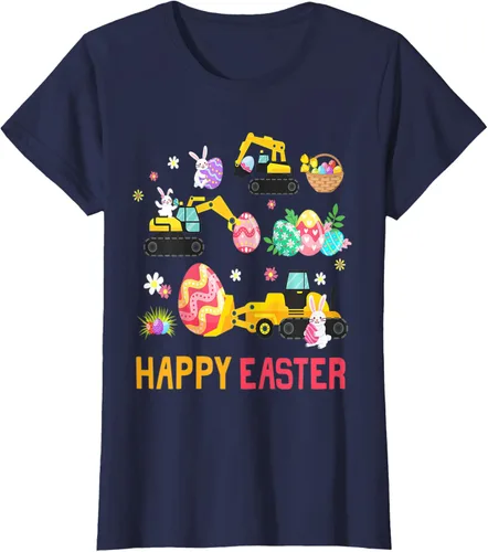 Vista 23 de Kids Happy Easter Construction Crane Truck Boys Toddler T-Shirt Negro