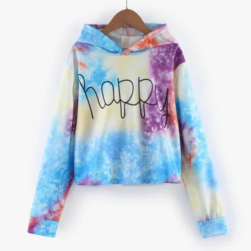 Vista 2 de Dreamyth Sudaderas con capucha para niña con estampado de teñido anudado, lindas y con estampado de feliz, para niños pequeños