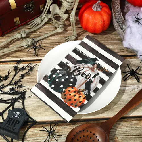 Vista 3 de Servilleta de papel de 3 capas desechable para invitados de Halloween, toalla de mano con rayas de calabaza y cuervo, servilletas de cena