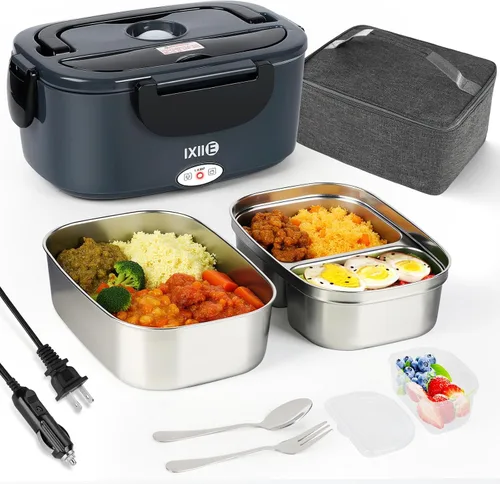 Vista 10 de IXIIE Lonchera eléctrica de 80W, calentador de alimentos para el trabajo, 12V/24V/110V, lonchera portátil para adultos con 2 envases de acero