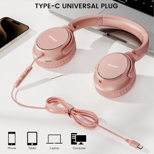 Vista 5 de Auriculares con cable USB C sobre la oreja con micrófono, control de volumen, puerto compartido y diadema ajustable, auriculares estéreo plegables