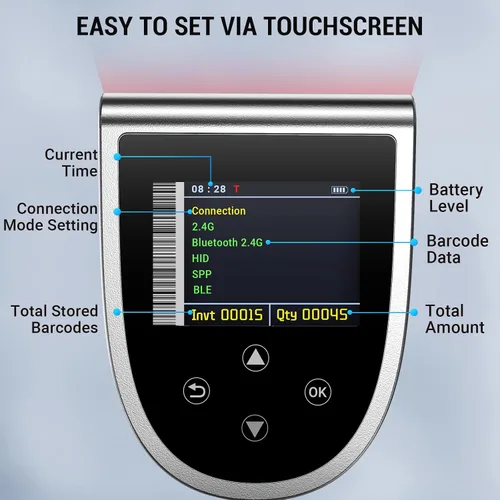 Vista 2 de Tera Escáner de código de barras inalámbrico con pantalla: versión Pro 1D 2D QR con ajuste digital teclado interruptor de alimentación base de carga