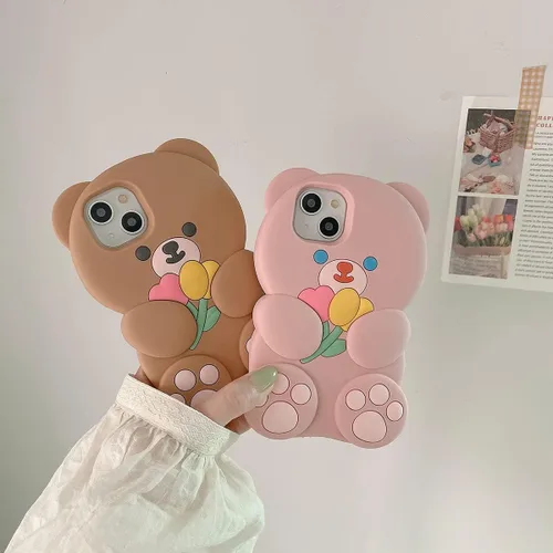 Vista 5 de Fundas de teléfono Kawaii para iPhone 6 Plus/7 Plus/8 Plus, linda funda de teléfono de oso de dibujos animados con flor, funda de teléfono de oso