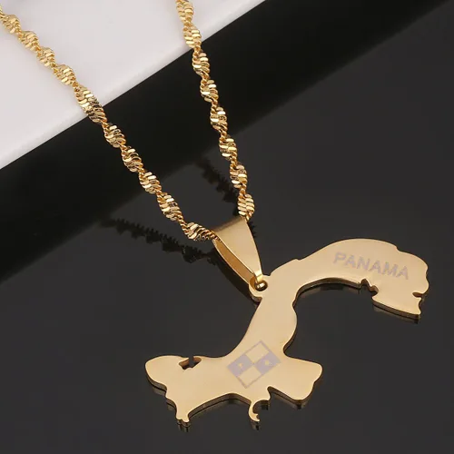 Vista 3 de Collares con colgante de mapa de Panamá de acero inoxidable, regalos de joyería de mapas panameños