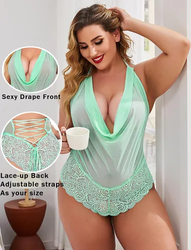 Vista 3 de Avidlove - Traje de lencería sexy para mujer, diseño de peluche, una pieza, con encaje, cabestro
