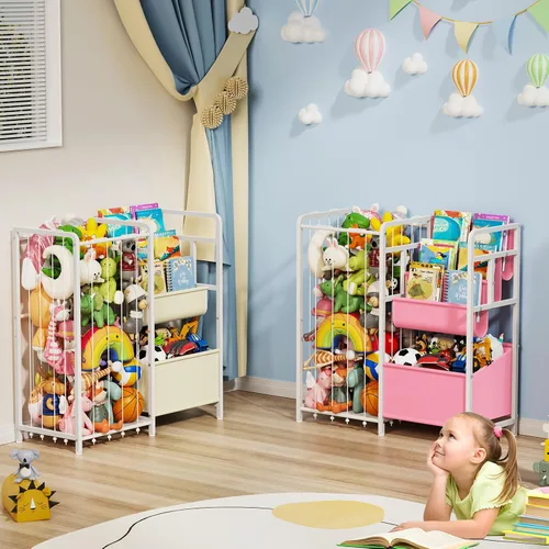 Vista 6 de Estantería para niños y almacenamiento de juguetes, estante de libros para niños de 3 niveles para habitaciones infantiles con almacenamiento
