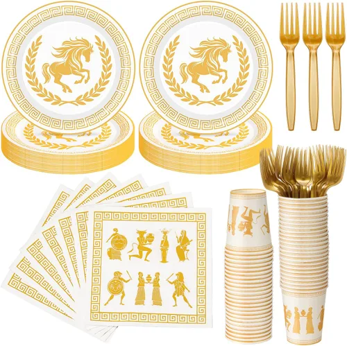 Vista 9 de Vesici 96 piezas de suministros de fiesta de mitología griega para invitados, platos inspirados en la mitología antigua, vasos, servilletas