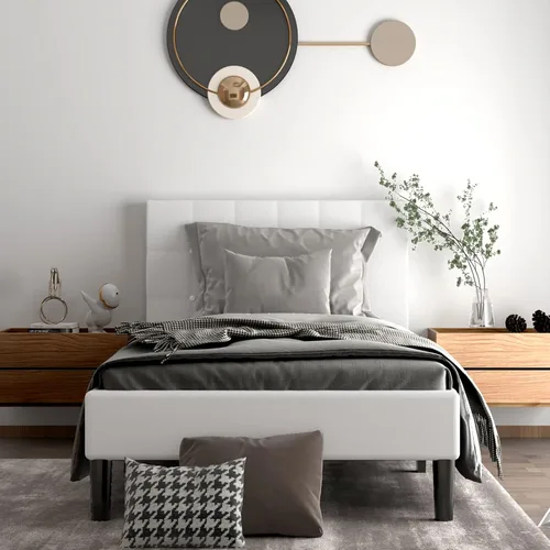 Vista 3 de Giantex Base de cama tapizada tamaño individual, cama de plataforma con cabecera capitoné con botones, base de colchón de soporte de listones