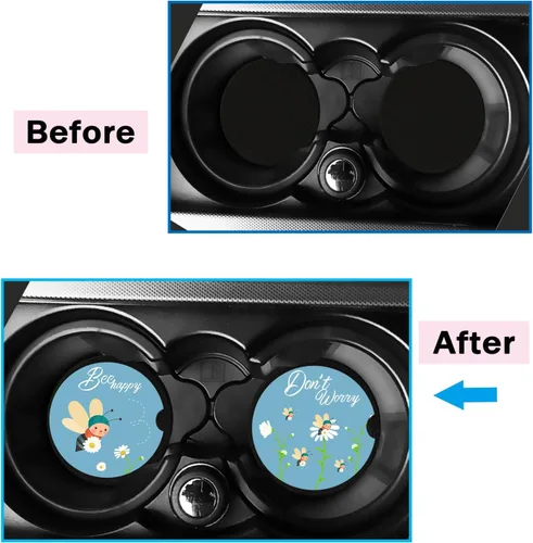 Vista 3 de LogHog Posavasos de cerámica para automóvil de 2.56 pulgadas, diseño adorable de abeja: no te preocupes, Bee Happy - Portavasos perfectos