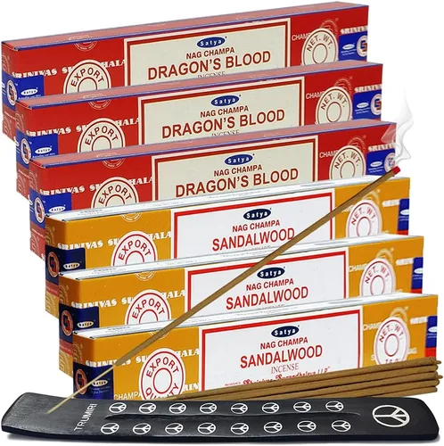 Vista 25 de Varillas de incienso de Sangre de Dragón y Palo Santo con soporte, paquete de variedad de la marca House of Nag Champa y Trumiri